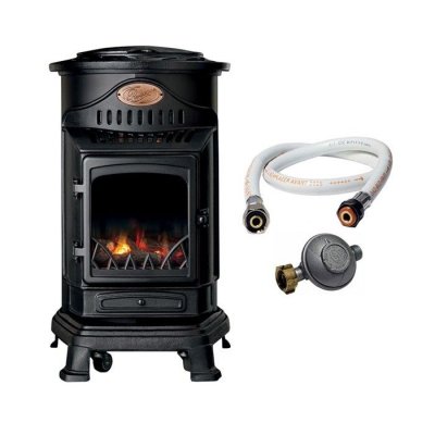 UNIVERSAL Po&ecirc;le &agrave; gaz 34KW NOIR Fonte V&eacute;ritable Effet feu + Tuyau gaz + D&eacute;tendeur butane Provence  