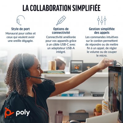 POLY  Micro-casque Blackwire 3210 monaural USB-C + adaptateur USB-C/A