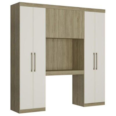 VENTE UNIQUE Pont de lit ANTERO II  - 6 portes - Avec armoires et rangements - L.200 cm - Ch&ecirc;ne et Ivoire