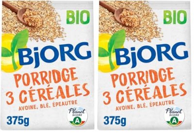BJORG Porridge 3 C&eacute;r&eacute;ales Bio Sans Sucres Ajout&eacute;s  - Le Sachet De 375 G