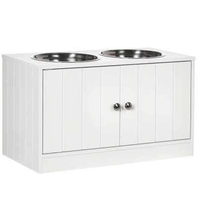 PAWHUT Porte-gamelles sur&eacute;lev&eacute; armoire 2 en 1 - 2 portes, 2 gamelles - blanc