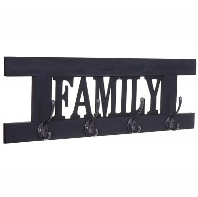 DECOSHOP26 Porte-manteau mural pat&egrave;re en bois gris fonc&eacute; vintage family 20,5x60x1,5 cm - or