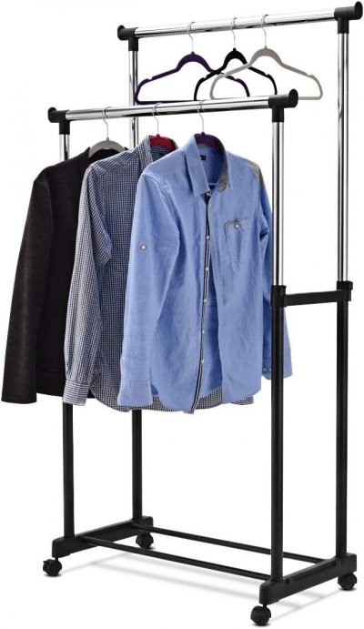 Porte-manteau sur Roulettes avec &Eacute;tag&egrave;re &agrave; Chaussures Portant &agrave; V&ecirc;tements Hauteur R&eacute;glable Double Ba