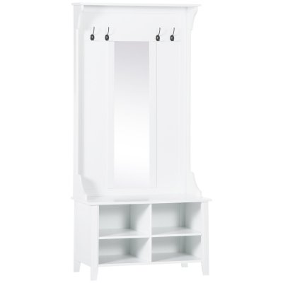 Porte-manteau vestiaire d'entr&eacute;e banc miroir mdf panneaux particules blanc