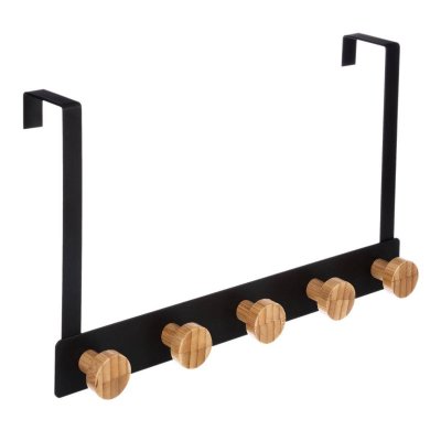 FIVE SIMPLY SMART Portemanteau de porte en m&eacute;tal noir et bambou - 33.3x8.2x20cm