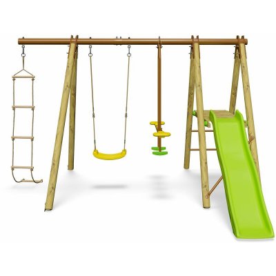 TRIGANO Portique OREKA en bois et metal - H. 1,90 m - 3 agres, balancoires + toboggan