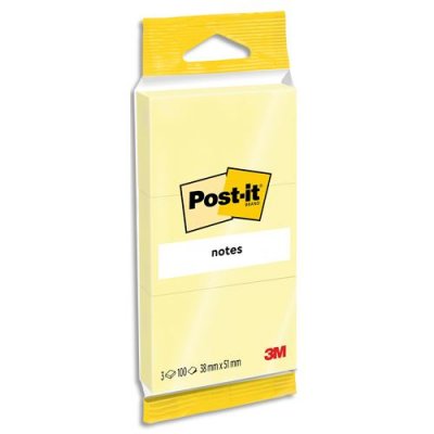 POST IT Post-it 3M  notes adh&eacute;sives, 38 x 51 mm, jaune, blister - Lot de 6