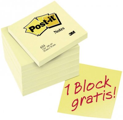 POST IT Post-it - Lot de 5 blocs de notes Jaune 76x76mm + 1 gratuit