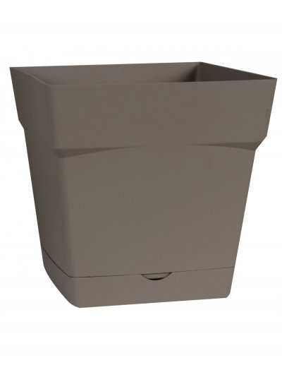 EDA Pot plastique carr&eacute; toscane soucoupe int&eacute;gr&eacute;e taupe 24,8 x 24,8 x 24