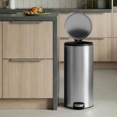 SONGMICS Poubelle de cuisine acier rond seau int&eacute;rieur amovible 30 l argent