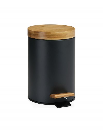 ANDREA HOUSE Poubelle de Salle de Bain en M&eacute;tal Noir Couvercle Bambou - 3L