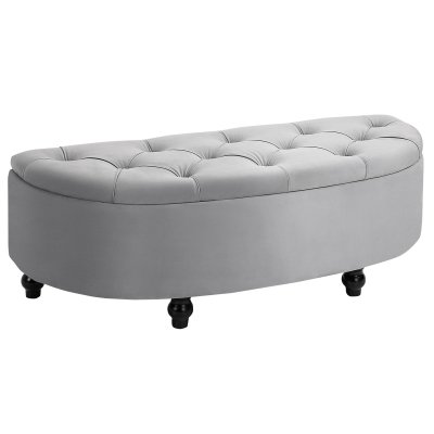 HOMCOM Pouf de rangement coffre classique capitonn&eacute; demi-cercle velours gris