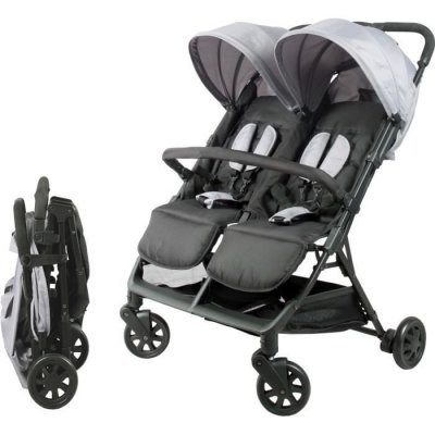Poussette Double C&ocirc;te &agrave; C&ocirc;te Naissance Pliage Compact Noir Gris