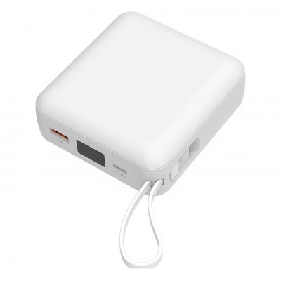AKASHI PowerBank 10000mAh 22.5W USB-C Lightning USB Dragonne Int&eacute;gr&eacute;e Blanc