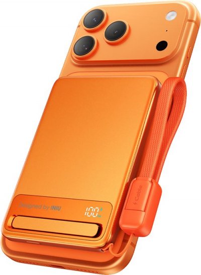 INIU Powerbank Magsafe 10000mah Qi2.2 25w Avec Support Et C&acirc;ble Usb-c Int&eacute;gr&eacute; Orange 