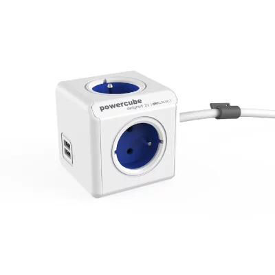 ALLOCACOC PowerCube C&acirc;ble d'extension Extended, 4 prises, 2 x USB 1,5 m, bleu