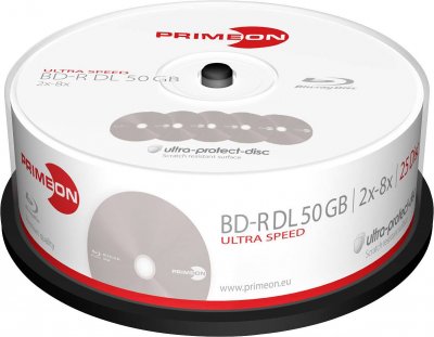 PRIMEON  BD-R DL 50 Go/2-8x Cakebox (25 disques) Ultra Protect-Disc Surface argent&eacute;