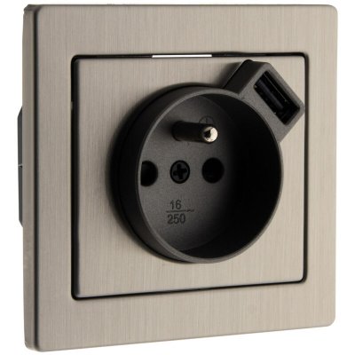 ZENITECH Prise 2 P+T Inox bross&eacute; avec chargeur USB 2,4A - Art'Flat