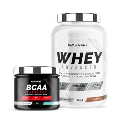 SUPERSET NUTRITION Programme Galbe Musculaire - 100% Whey Proteine Advanced 900g Choco Nut - BCAA Hardcore Tutti Frutti 