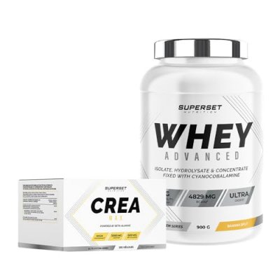 SUPERSET NUTRITION Programme Prise De Muscle Sec Avanc&eacute; - 100% Whey Proteine Advanced 900g Banana Split - Cr&eacute;a Max