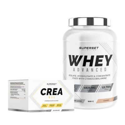 SUPERSET NUTRITION Programme Prise De Muscle Sec Avanc&eacute; - 100% Whey Proteine Advanced 900g Cookies - Cr&eacute;a Max