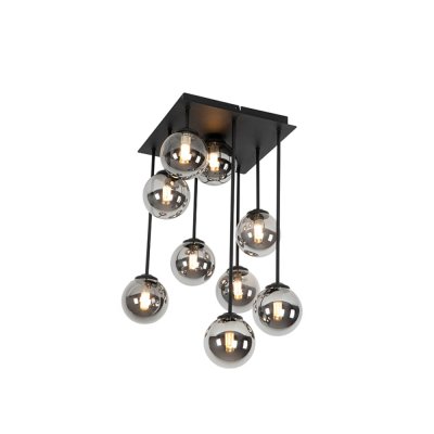 QAZQA  Plafonnier moderne noir 9 lumi&egrave;res avec verre fum&eacute; - Ath&egrave;nes