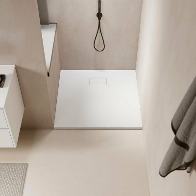 STANO. Receveur de douche 80 x 80 cm extra plat PIATTO en SoliCast&reg; surface ardois&eacute;e blanc