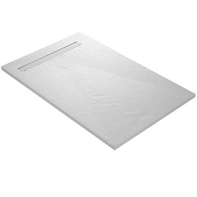 U-TILE Receveur Solid surface imitation ardoise Slate - 180 x 90 cm - grille caniveau excentr&eacute;e - blanc