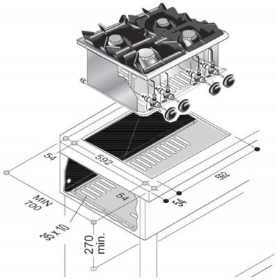  R&eacute;chaud &agrave; Gaz Drop-In - 4 Feux 3,5 kW et 5,5 kW - - nvt. - Acier inoxydable 600x600x270mm