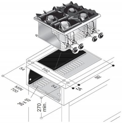 R&eacute;chaud &agrave; Gaz Drop-In - 4 Feux 3,5 kW - - nvt. - Acier inoxydable 600x600x270mm