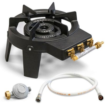 MEVA Rechaud Gaz Fonte v&eacute;ritable 9.8 KW 4 pieds 3 robinets + Tuyau gaz &agrave; vis 1.50m + D&eacute;tendeur Butane