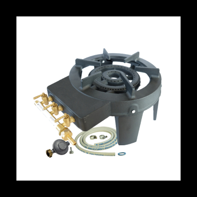 MEVA Rechaud Gaz Fonte v&eacute;ritable 9.8 KW 4 pieds 3 robinets + Tuyau gaz et d&eacute;tendeur