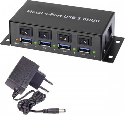 RENKFORCE  4 Port USB 3.0-Hub Metallboite, einzeln schaltbar, pour Montage mural noir