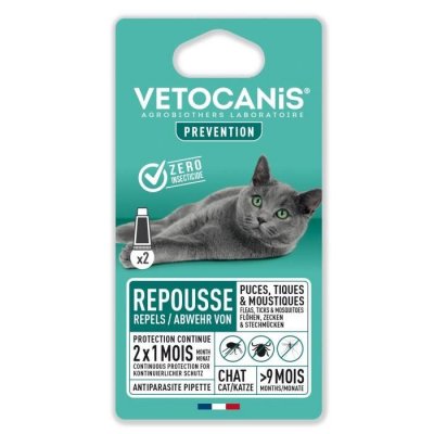 VETOCANIS R&eacute;pulsif Pour Chat Puces, Tiques&Moustiques  - Les 2 Pipettes De 1,2ml