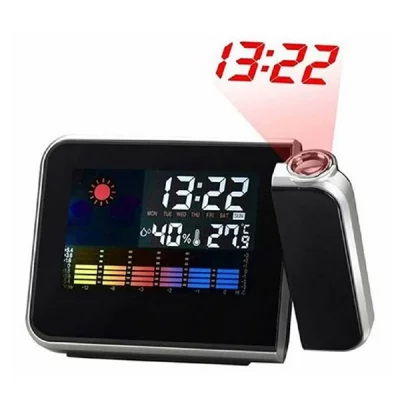 YONIS R&eacute;veil Station M&eacute;t&eacute;o Thermom&egrave;tre LCD R&eacute;tro-Eclairage Couleur Projecteur LED Noir -