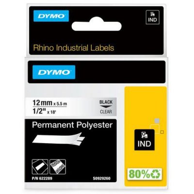 DYMO Rhino - Etiquettes Industrielles Polyester Permanent 12mm x 5.5m - Noir sur Transparent
