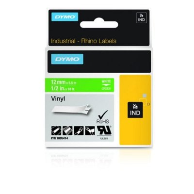 DYMO Rhino - Etiquettes Industrielles Vinyle 12mm x 5.5m - Blanc sur Vert