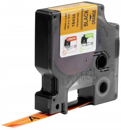 DYMO Rhino - Etiquettes Industrielles Vinyle 12mm x 5.5m - Noir sur Orange