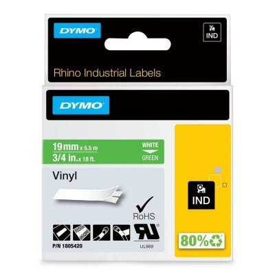 DYMO Rhino - Etiquettes Industrielles Vinyle 19mm x 5.5m - Blanc sur Vert