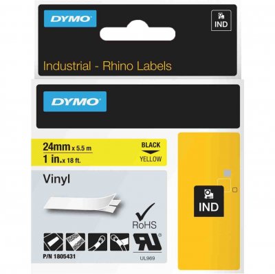 DYMO Rhino - Etiquettes Industrielles Vinyle 24mm x 5.5m - Noir sur Jaune