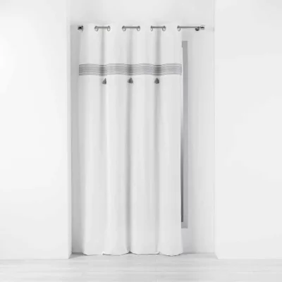 RIDEAU A OEILLETS 140 x 240 CM COTON UNI+TOP BRODE+POMPONS AMAYA GRIS