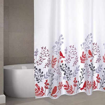 MSV Rideau de douche Polyester BIRDS 180x200cm Motifs Rouge & Blanc