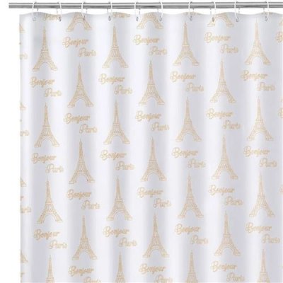 UNIMASA Rideau de douche tissu blanc et dor&eacute; bonjour paris