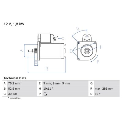 BOSCH RIDEX REMAN 2S0261R D&eacute;marreur Performance du d&eacute;marreur: 18kW Volt: 12V Nbr. dents: 10