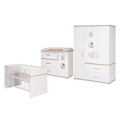 ROBA  Chambre B&eacute;b&eacute; Compl&egrave;te Pia - Lit 70x140 + Commode &agrave; Langer + Armoire - Blanc / Ch&ecirc;ne (I)