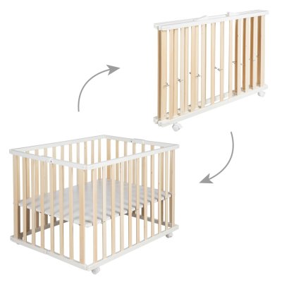 ROBA  Parc B&eacute;b&eacute; Pliant en Bois - Avec 4 Roues - 74x100 cm - Bicolore