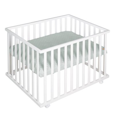 ROBA  Parc B&eacute;b&eacute; R&eacute;glable - 100x75 cm + 4 Roues + Tapis de parc "" Style"" Vert givr&eacute; - Bois blanc