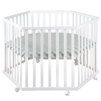 ROBA  Parc b&eacute;b&eacute;  Style hexagonal &middot; incl. insert de protection vert et roulettes, bois blanc blanc