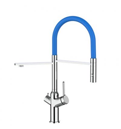 VIZIO Robinet de cuisine 3 voies chrom&eacute; bec bleu orientable, douche 2 jets d&eacute;tachable VZBF018104