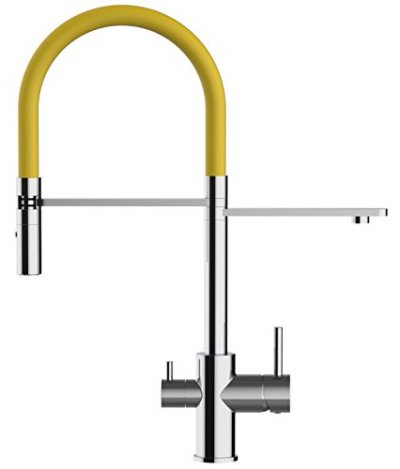 VIZIO Robinet de cuisine 3 voies chrom&eacute; bec jaune orientable, douche 2 jets d&eacute;tachable VZFL018105